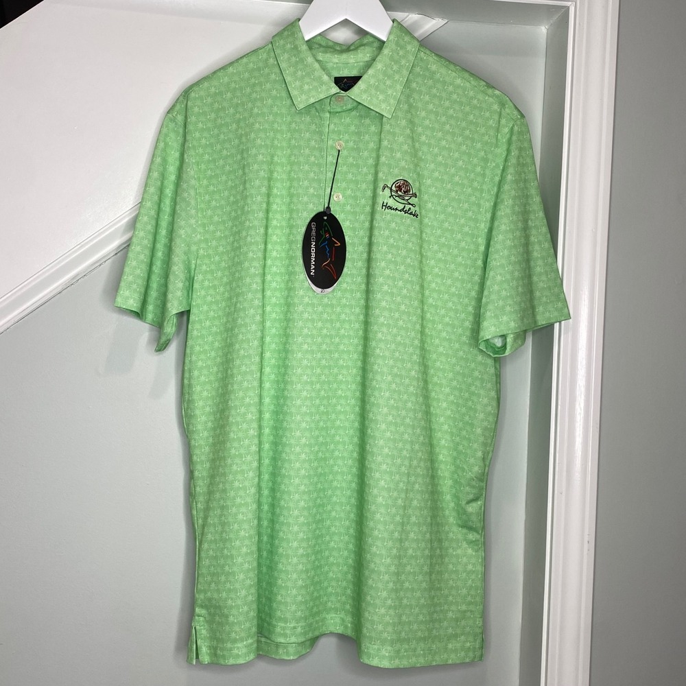 NWT Greg Norman Play Dry Mens Large Green Palm Tree Golf Polo Houndslake Logo